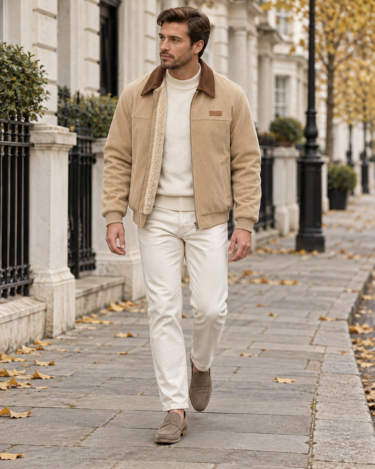 Men's beige corduroy jacket with brown collar - editorial