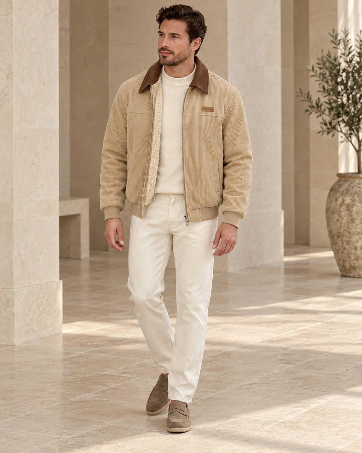 Men's beige corduroy jacket with brown collar - look-completo