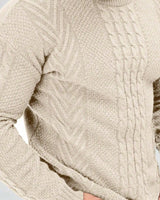 Close-up of Men's Cable-Knit Long Sleeve Crew Neck Jumper in Apricot