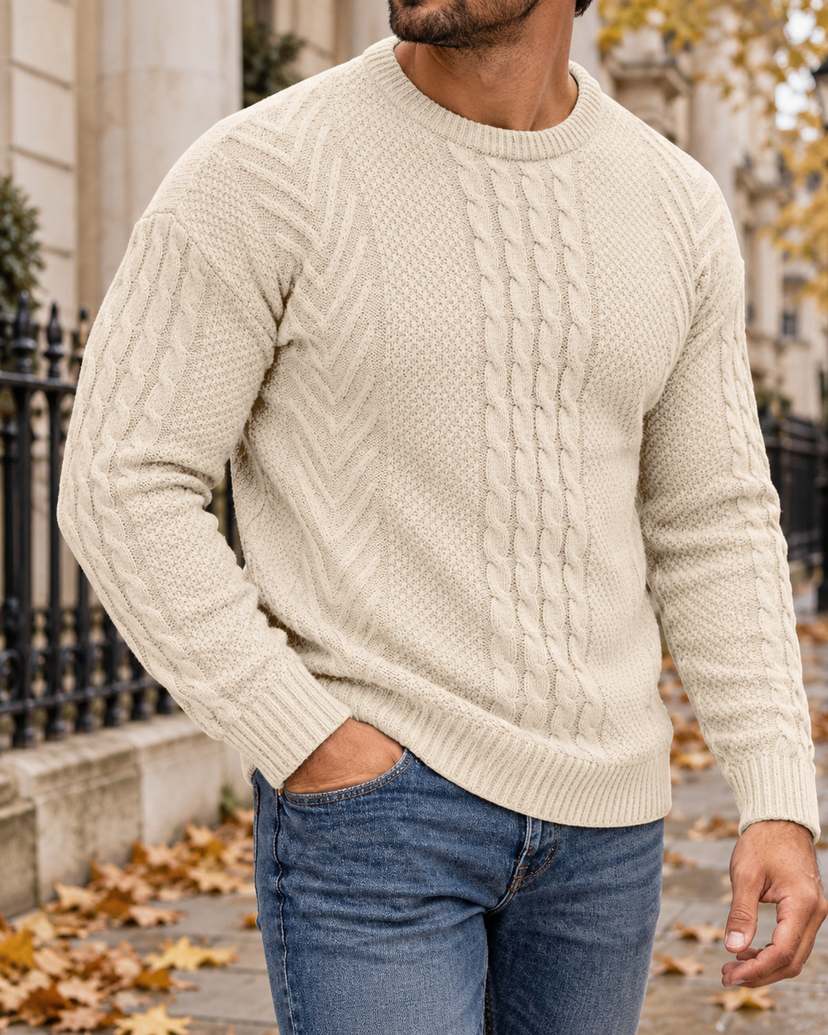 Men's Cable-Knit Long Sleeve Crew Neck Jumper in Apricot styled on a London autumn street