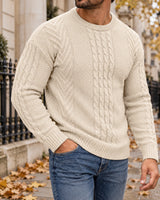 Men's Cable-Knit Long Sleeve Crew Neck Jumper in Apricot styled on a London autumn street