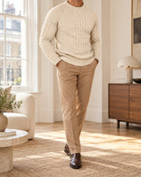 Men's Cable-Knit Long Sleeve Crew Neck Jumper in Apricot styled with neutral pieces