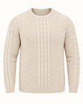 Men's Cable-Knit Long Sleeve Crew Neck Jumper in Apricot on a neutral background