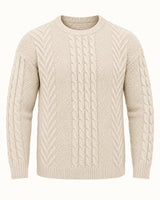 Men's Cable-Knit Long Sleeve Crew Neck Jumper in Apricot on a neutral background