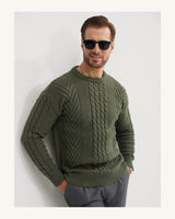 Men's Cable-Knit Long Sleeve Crew Neck Jumper in Army Green, product view