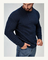 Men's Cable-Knit Long Sleeve Crew Neck Jumper in Navy Blue, product view