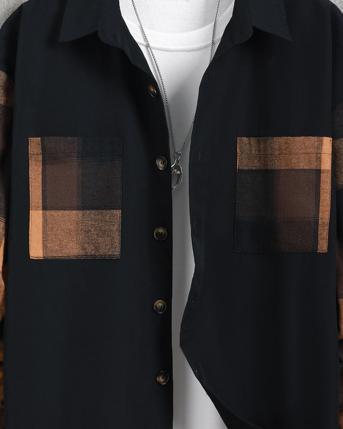 Close-up of Men's Checked Long Sleeve Shirt in Black