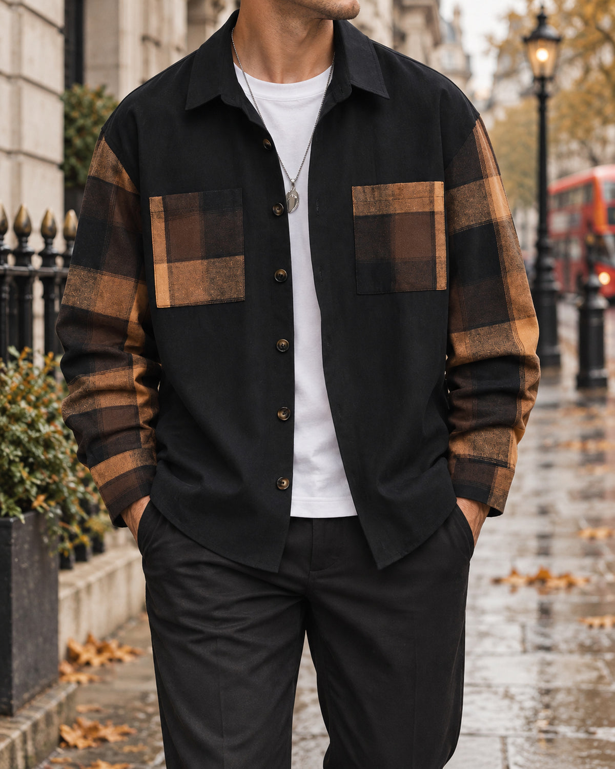 Men's Checked Long Sleeve Shirt in Black styled on a London autumn street