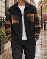 Men's Checked Long Sleeve Shirt in Black styled on a London autumn street