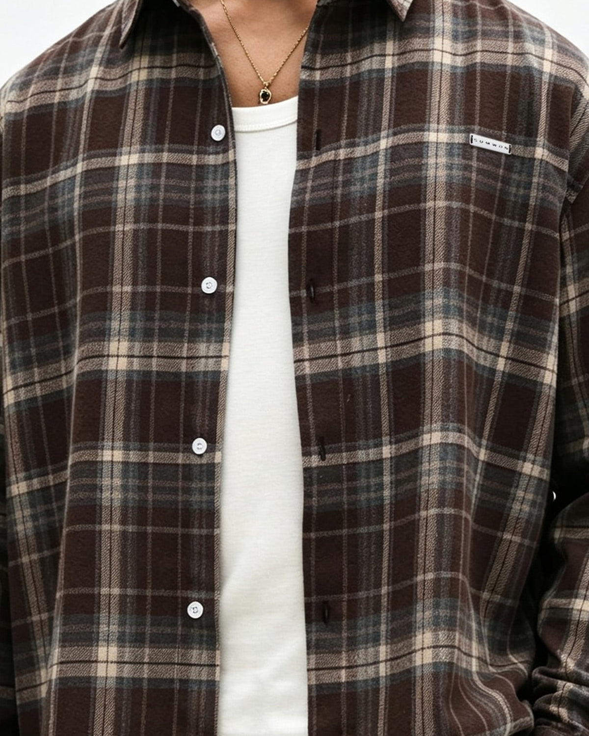 Men's Checked Long Sleeve Shirt in Brown, fabric detail