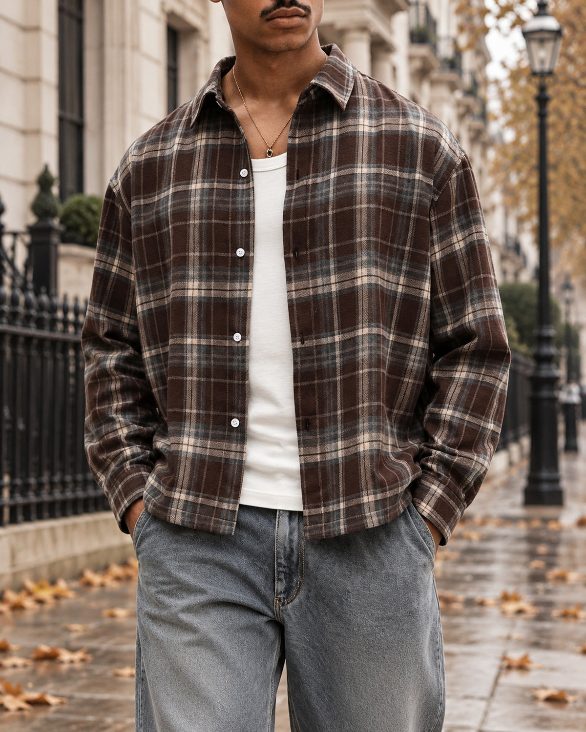 Men's Checked Long Sleeve Shirt in Brown styled on a London autumn street
