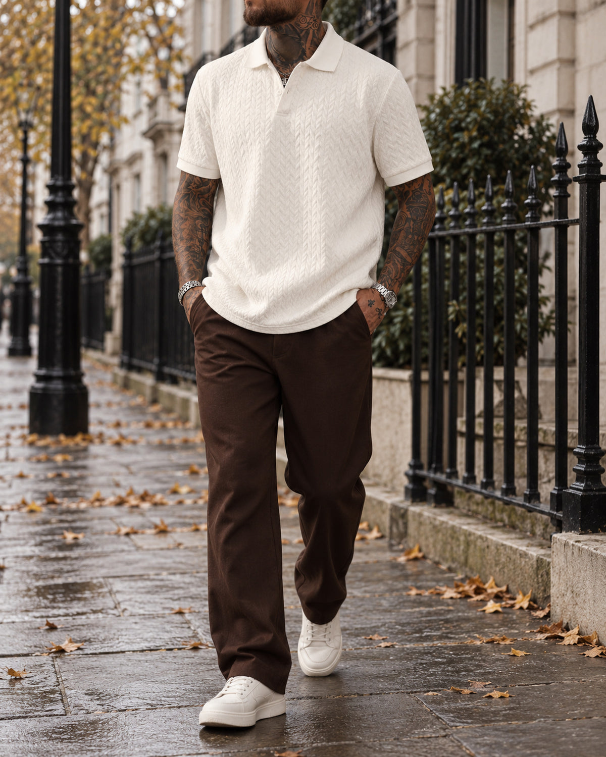 Men's Short Sleeve Polo Shirt in Beige styled on a London autumn street