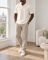 Men's Short Sleeve Polo Shirt in Beige styled with neutral pieces