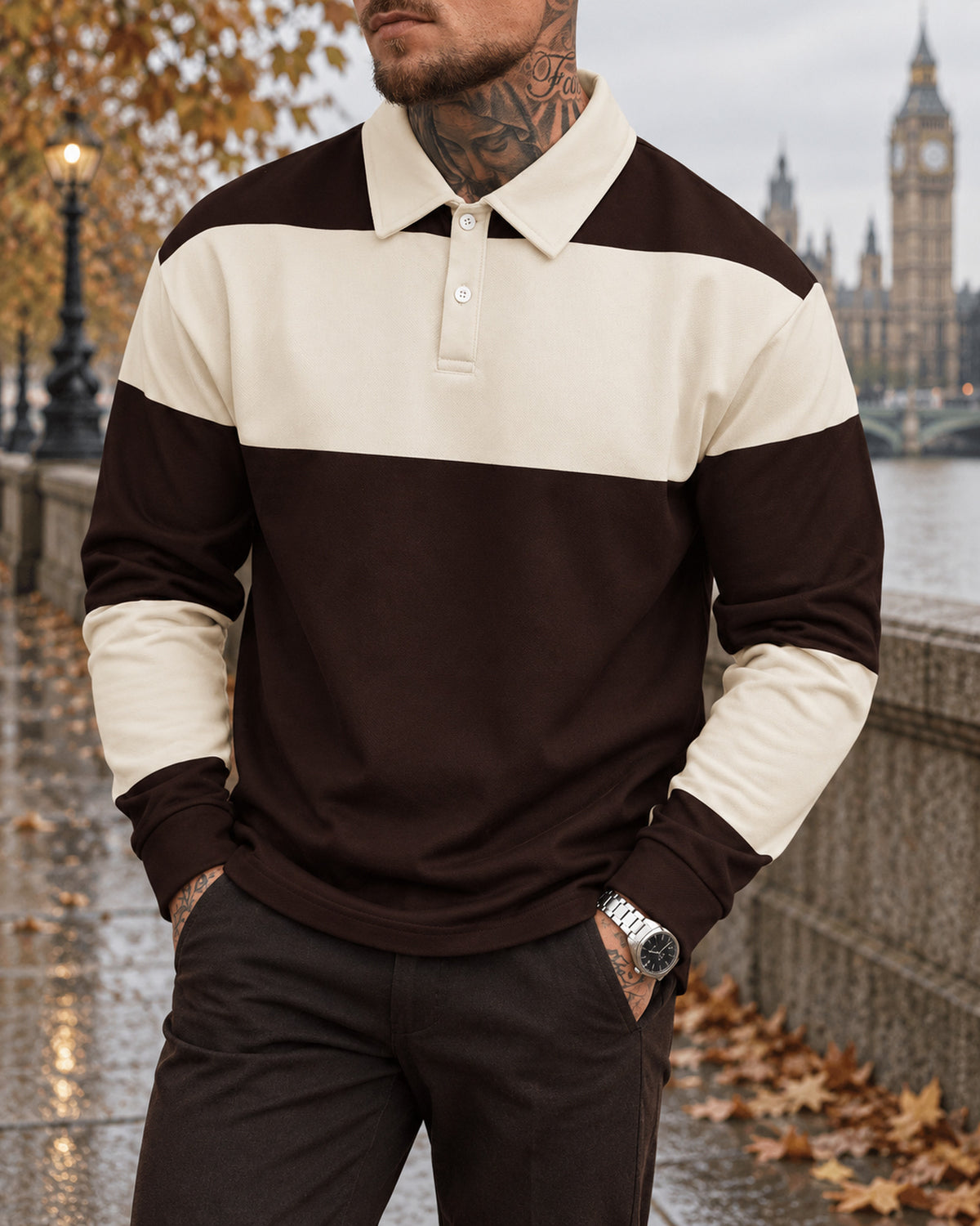 Men's Long Sleeve Polo Shirt in Brown - editorial