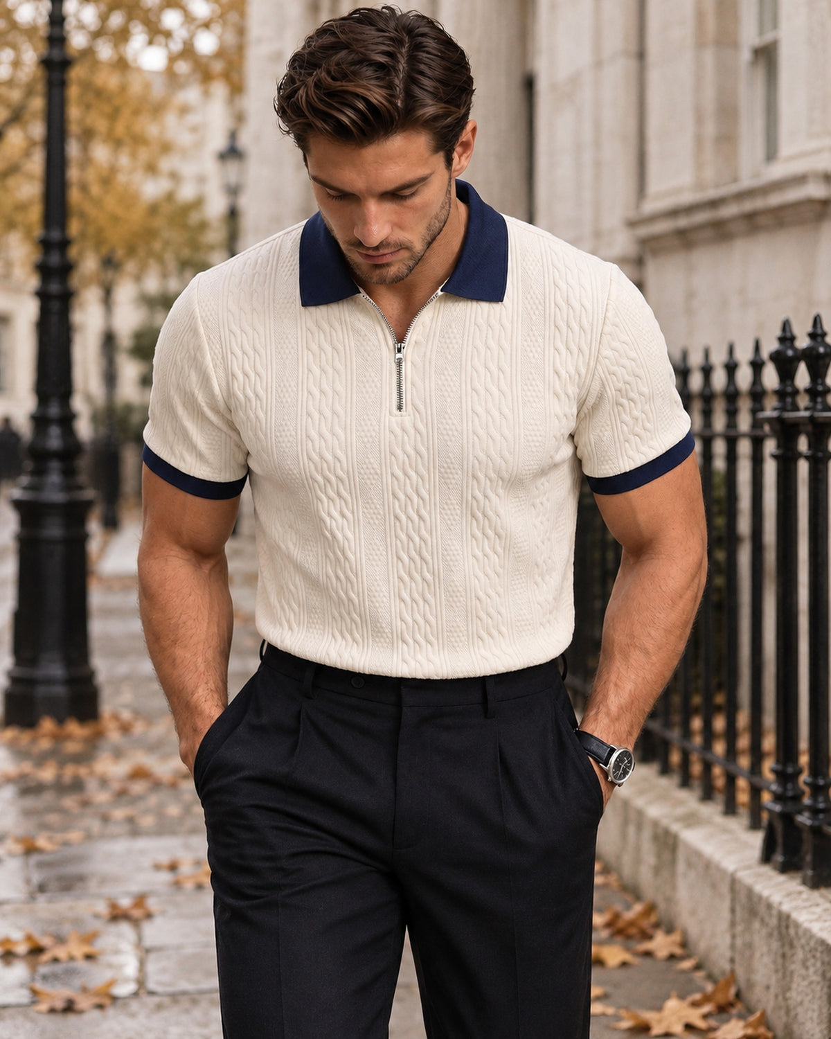 Men's Short Sleeve Polo Shirt in Apricot - editorial