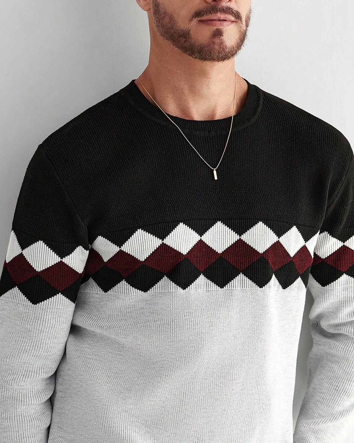 Men's Long Sleeve Crew Neck Jumper in Light Grey - detalhe