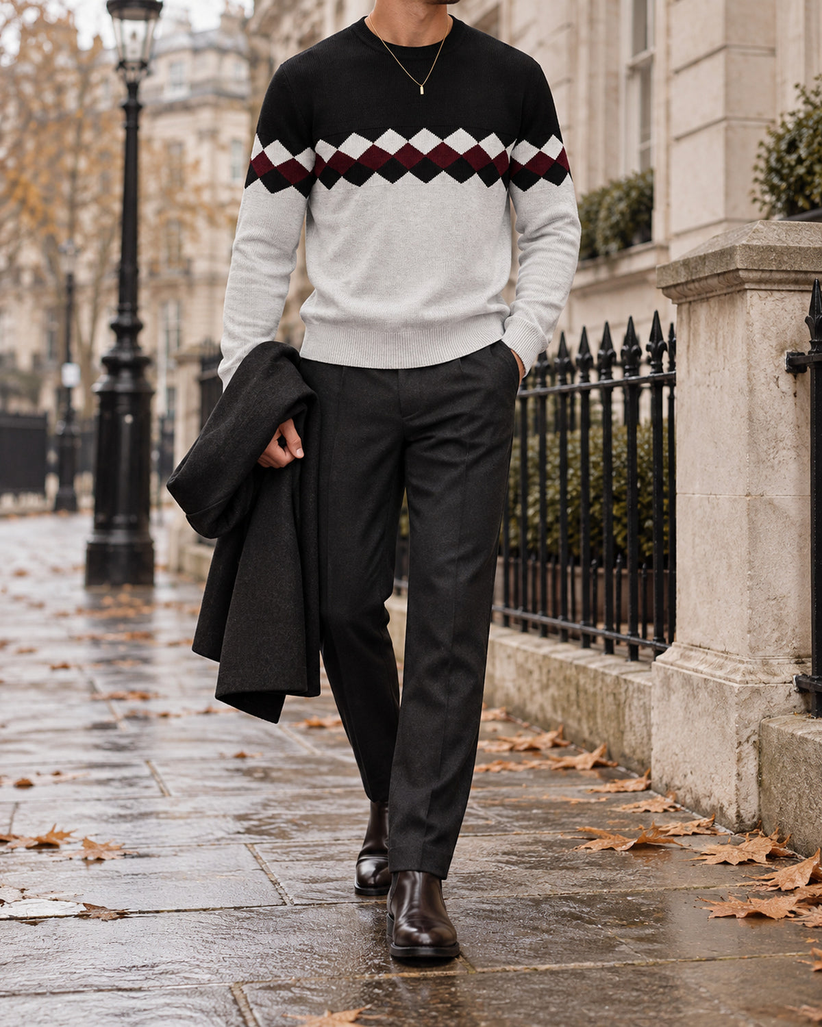 Men's Long Sleeve Crew Neck Jumper in Light Grey - editorial