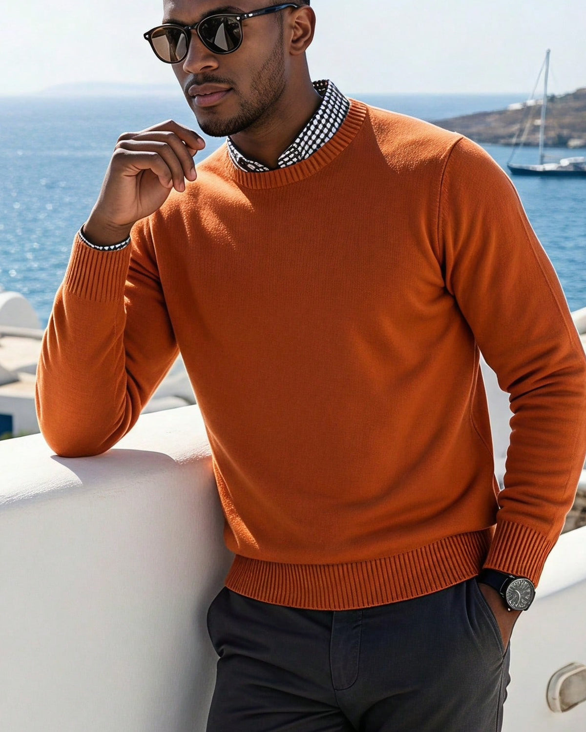 Men's Long Sleeve Crew Neck Jumper in Orange - detalhe