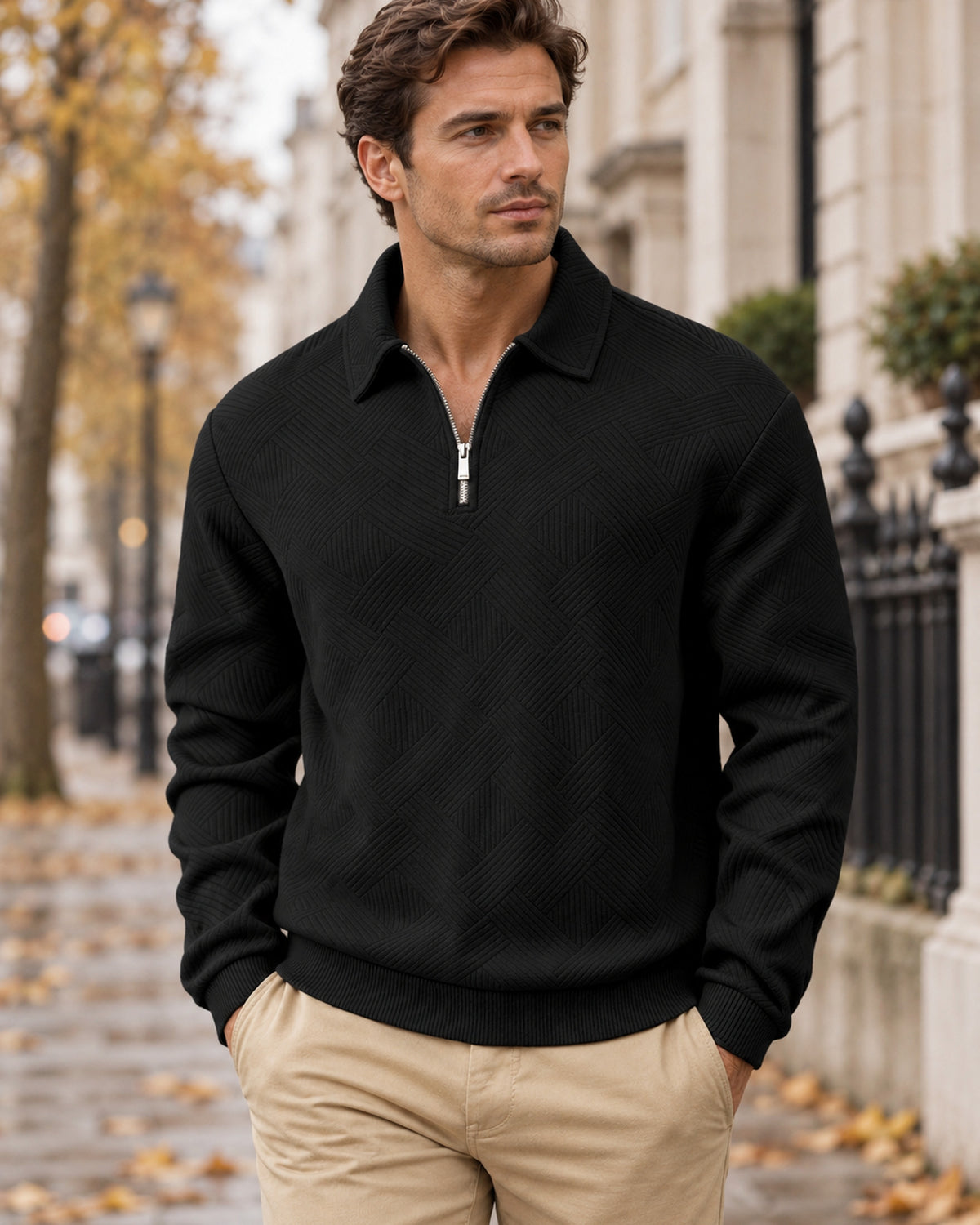 Men's Long Sleeve Polo Shirt in Black - editorial