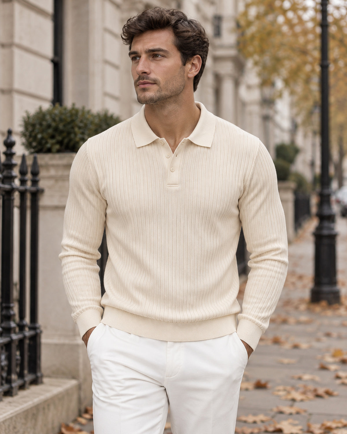 Men's Long Sleeve Polo Shirt in Apricot - editorial