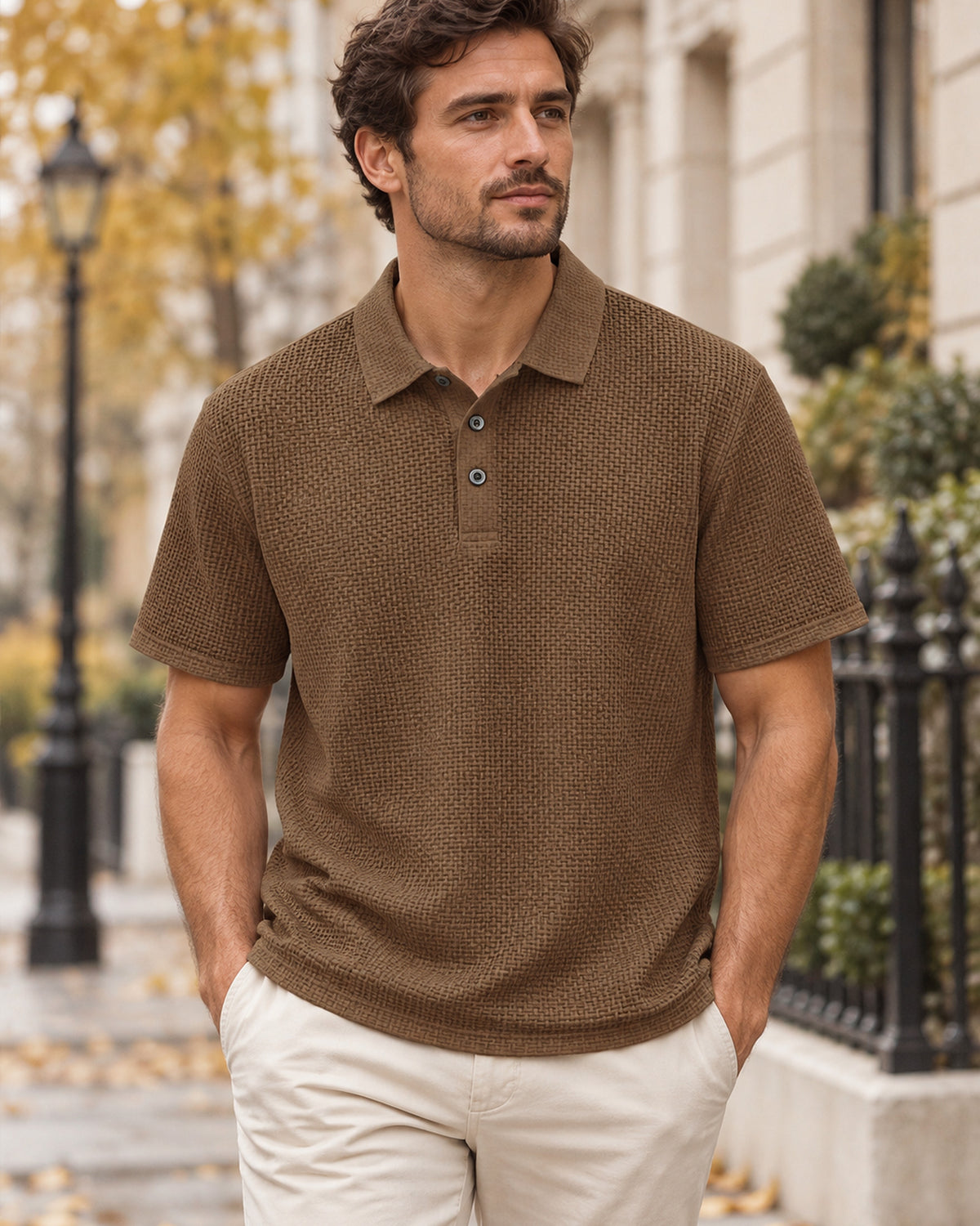 Men's Short Sleeve Polo Shirt in Coffee Brown - editorial