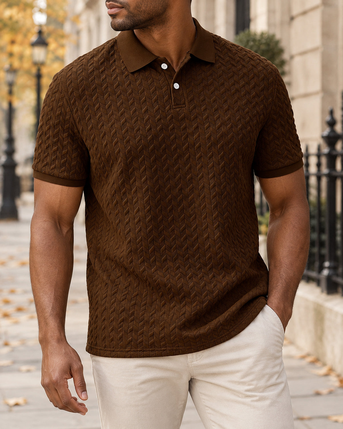 Men's Short Sleeve Polo Shirt in Coffee Brown - editorial