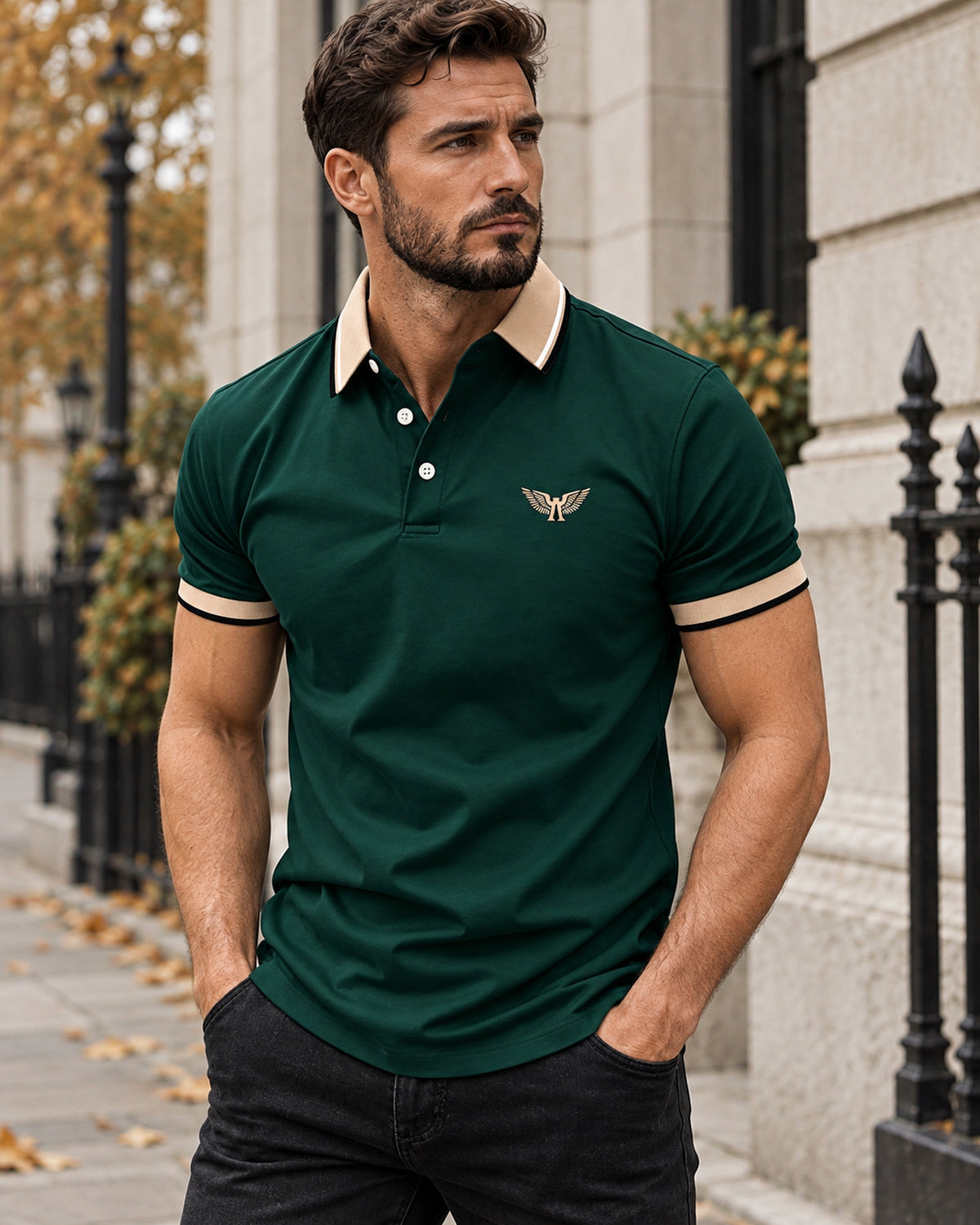 Men's Short Sleeve Polo Shirt in Dark Green - editorial