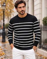 Men's Striped Long Sleeve Crew Neck Jumper in Black - editorial