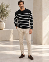 Men's Striped Long Sleeve Crew Neck Jumper in Black - look-completo