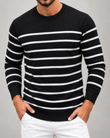 Men's Striped Long Sleeve Crew Neck Jumper in Black - principal