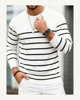 Men's Striped Long Sleeve Crew Neck Jumper in White - original-tratada