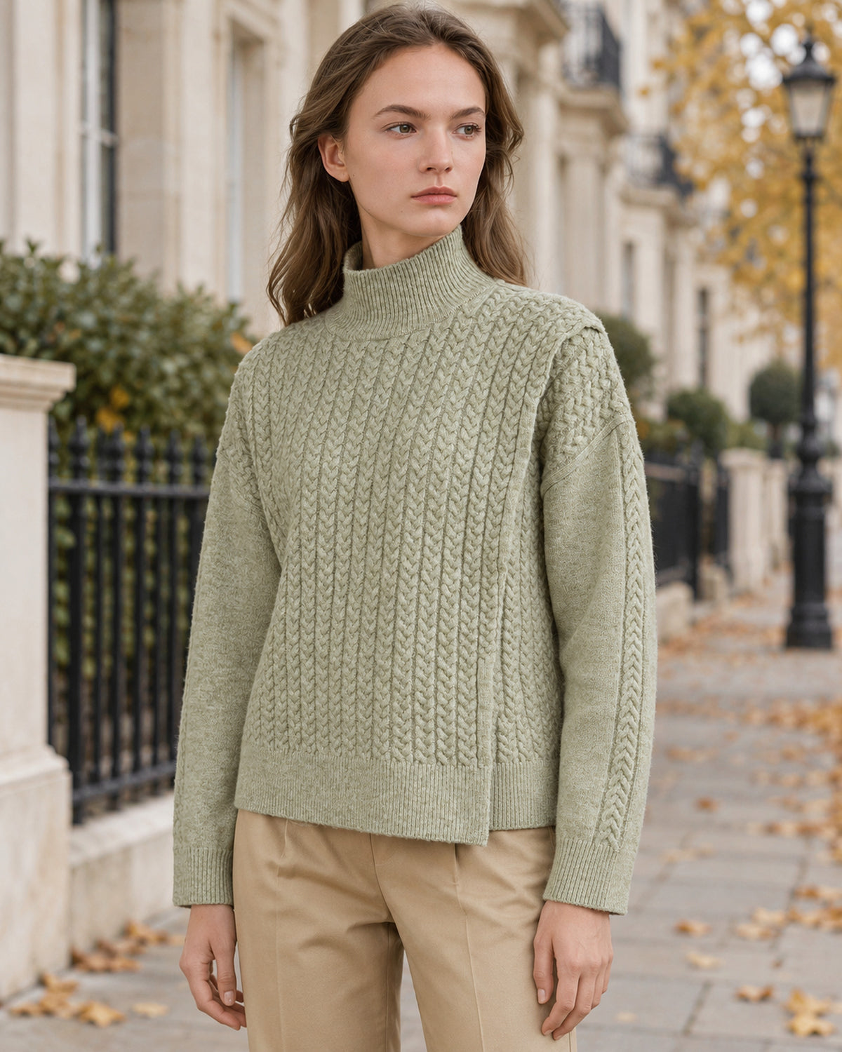 Women's Cable-Knit Cardigan in Mist Green - editorial