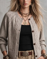 Women's Cable-Knit Cardigan in Khaki - detalhe