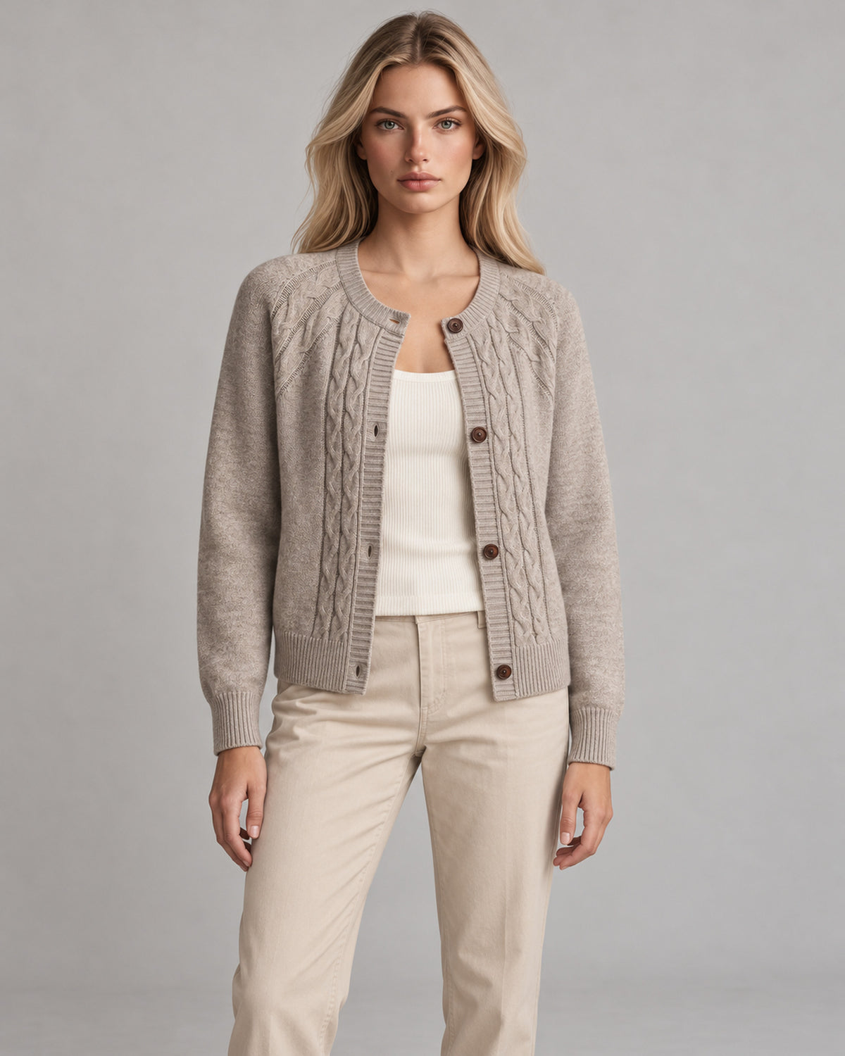 Women's Cable-Knit Cardigan in Khaki - principal