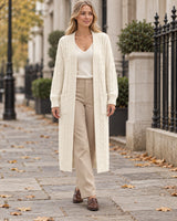 Women's Cable-Knit Long Sleeve Cardigan in White - editorial
