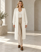 Women's Cable-Knit Long Sleeve Cardigan in White - look-completo