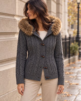 Women's Cable-Knit Long Sleeve Cardigan in Dark Grey - editorial
