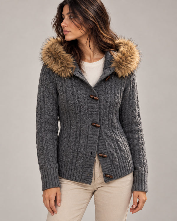 Women's Cable-Knit Long Sleeve Cardigan in Dark Grey - principal