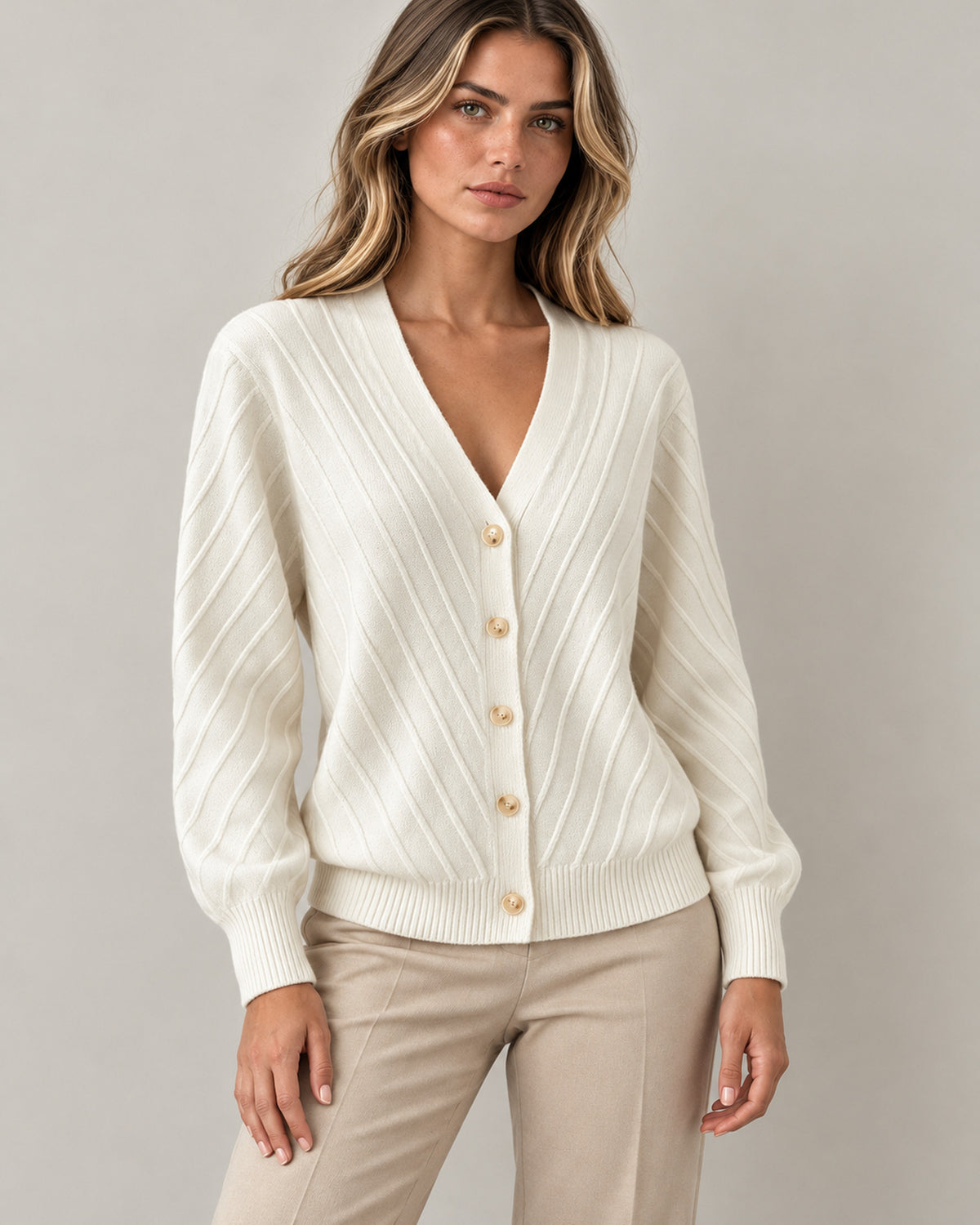 Women's Cable-Knit Long Sleeve Cardigan in White - principal