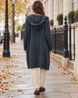 Women's Cable-Knit Long Sleeve Cardigan in Dark Grey - editorial