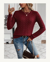 Women's Cable-Knit Long Sleeve Crew Neck Jumper in Burgundy - original-tratada