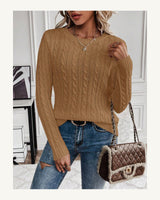 Women's Cable-Knit Long Sleeve Crew Neck Jumper in Camel - original-tratada