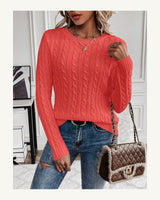 Women's Cable-Knit Long Sleeve Crew Neck Jumper in Coral Pink - original-tratada