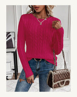 Women's Cable-Knit Long Sleeve Crew Neck Jumper in Hot Pink - original-tratada