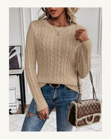 Women's Cable-Knit Long Sleeve Crew Neck Jumper in Khaki 2 - original-tratada