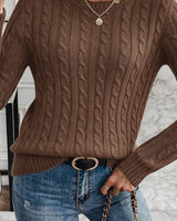 Women's Cable-Knit Long Sleeve Crew Neck Jumper in Mocha Brown - detalhe