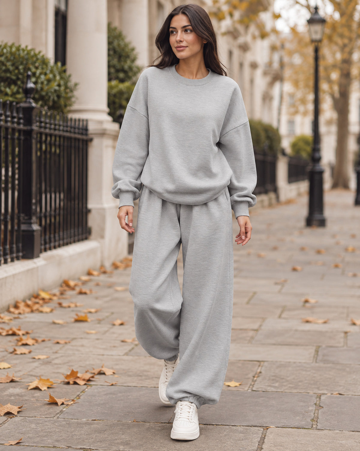 Women's Co-ord Set in Light Grey - styled on a London autumn street