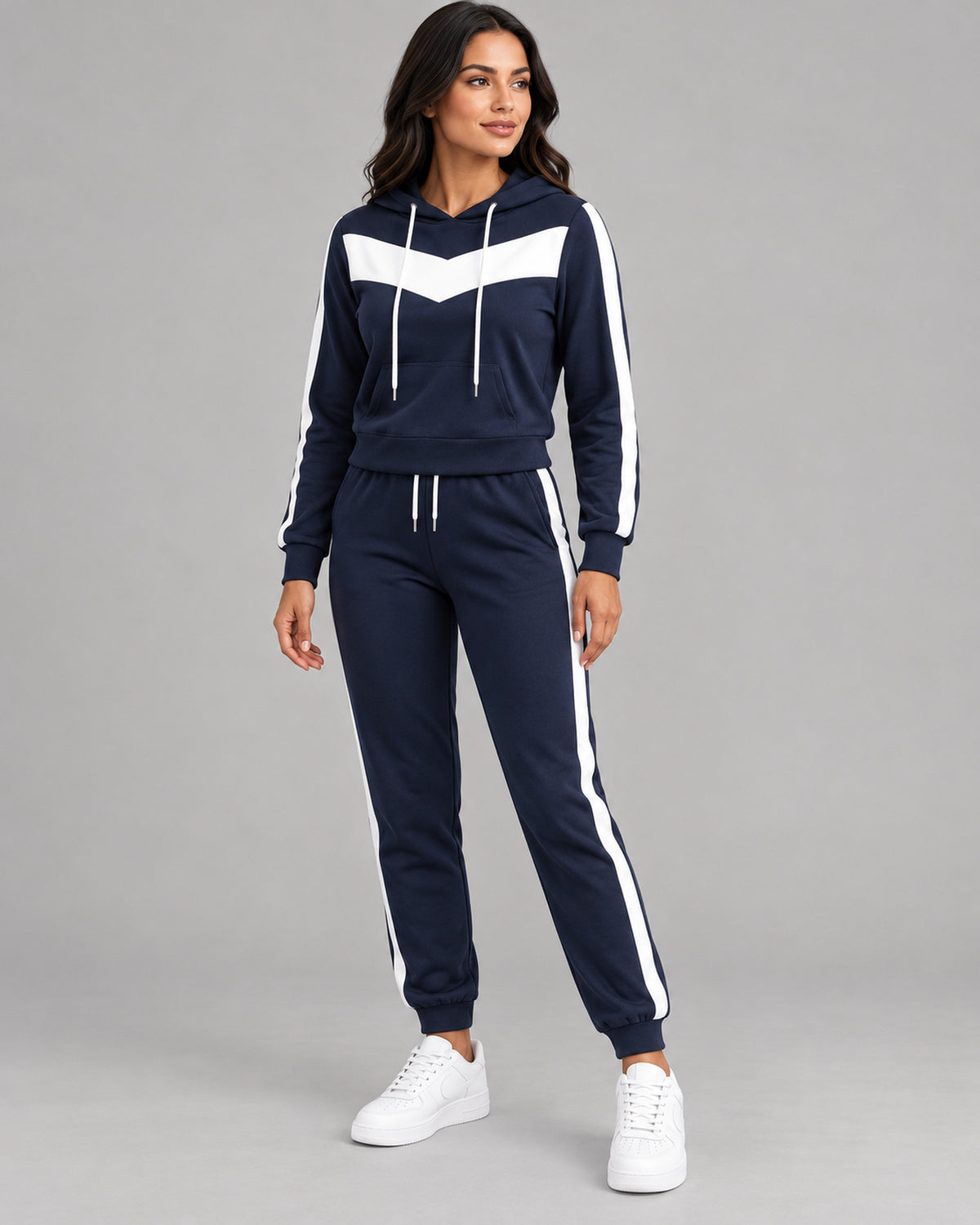 Women's Colourblock Co-ord Set in Navy Blue + White - principal