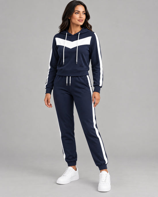 Women's Colourblock Co-ord Set in Navy Blue + White - principal