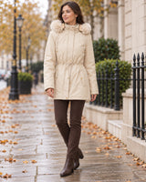 Women's Jacket in Apricot styled on a London autumn street